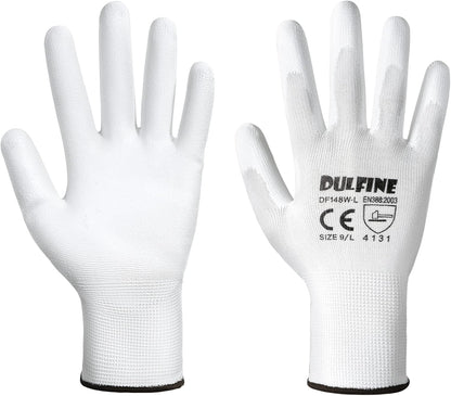DULFINE Safety Work Gloves PU Coated-12 Pairs,White Seamless Knit Glove with Polyurethane Coated Smooth Grip on Palm & Fingers, for Men and Women, Ideal for General Duty Work (Large)