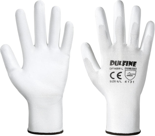 DULFINE Safety Work Gloves PU Coated-12 Pairs,White Seamless Knit Glove with Polyurethane Coated Smooth Grip on Palm & Fingers, for Men and Women, Ideal for General Duty Work (Large)
