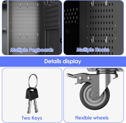 27.6 in Wide Garage Storage Cabinet with Wheels, Metal Storage Cabinet with Pegboards and 4 Adjustable Shelves, Garage Storage System with Lockable Door for Offices, Gyms and Pantries, Black