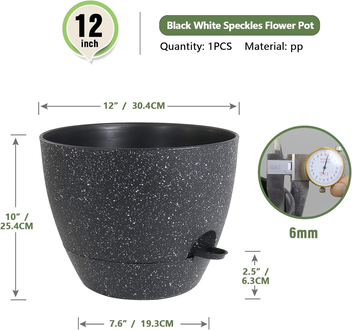 12 inch Large Self Watering Pots for Indoor Outdoor Plants, Flower Plant Pots with Mesh Drainage Holes for Garden House Plants, Plastic Planters with Reservoir for Home Decor, Speckled Black