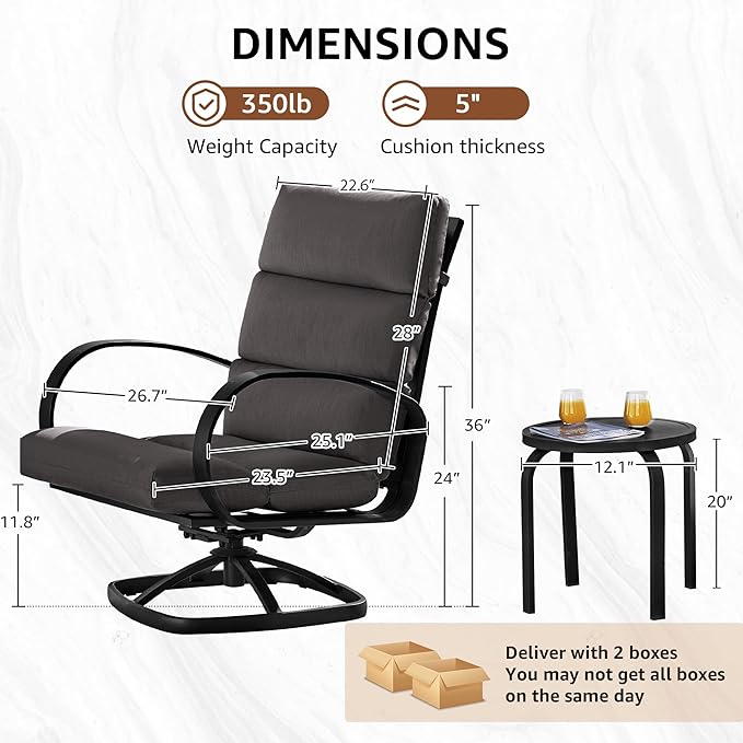 NATURAL EXPRESSIONS Patio Bistro Set, 3 Piece Outdoor Swivel Glider Rocking Chairs, Conversation Furniture with 2 Highback Rockers, 1 Table and 5" Cushion for Backyard,Porch,Yard,350lb. (Dark Grey)