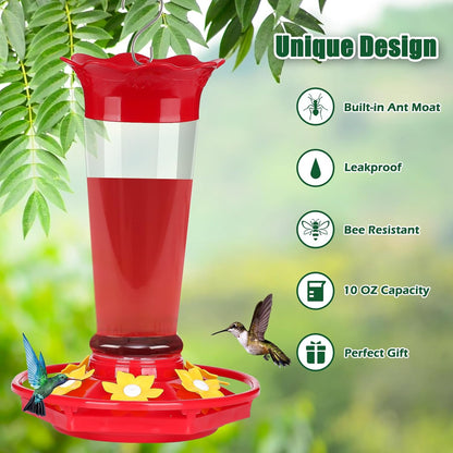 FEED GARDEN 10 OZ Hummingbird Feeders for Outdoors Hanging Ant and Bee Proof, Plastic Humming Birds Feeders for Outside with 5 Feeding Ports, Red Hanging Mount Hummingbird Feeder Easy Clean