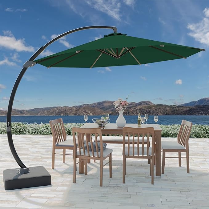 Outdoor Patio Umbrella with Sand Bag Included, 11 FT Deluxe Curvy Cantilever Umbrella Offset Hanging Umbrella with 360° Rotation for Market, Pool, Garden, Backyard, Deck