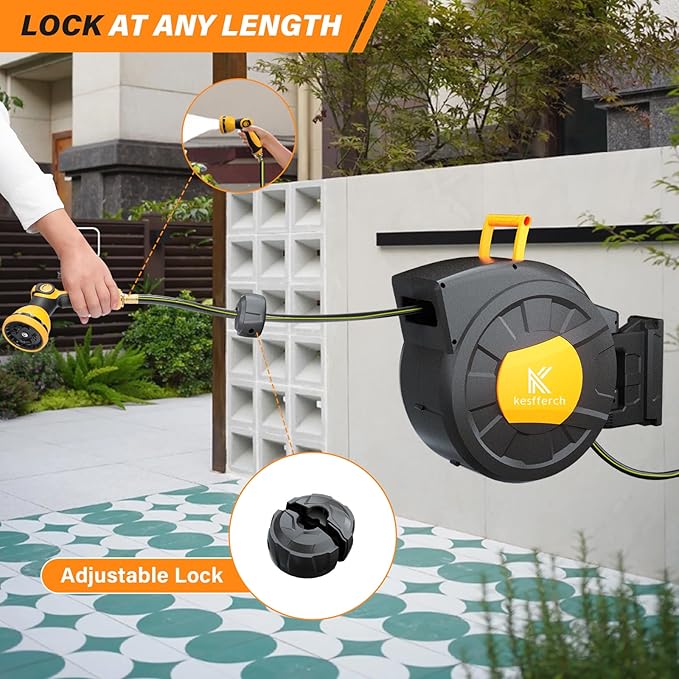 Retractable Hose Reel, 1/2 Inch x 98 FT Compact Water Hose Reel Wall Mounted Garden Hose Reel with 10 Pattern Nozzles, Any Length Lock, Slow Rewind Storage, 180°Swivel Bracket