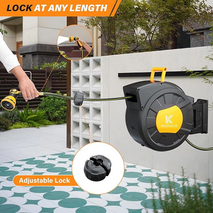Retractable Hose Reel, 1/2 Inch x 98 FT Compact Water Hose Reel Wall Mounted Garden Hose Reel with 10 Pattern Nozzles, Any Length Lock, Slow Rewind Storage, 180°Swivel Bracket
