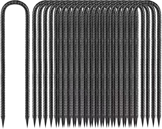 Ground-Stakes-Heavy-Duty-12 inch, U-Hook Rebar Stakes Black Coated Anti-Rust 16pcs Garden Stakes Metal Ground Anchors for Garden Dog Fence Chicken Coop Christmas Decorations Deer Fence