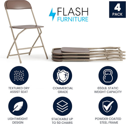 Flash Furniture Hercules Series Plastic Folding Chair - Brown - 4 Pack 650LB Weight Capacity Comfortable Event Chair-Lightweight Folding Chair