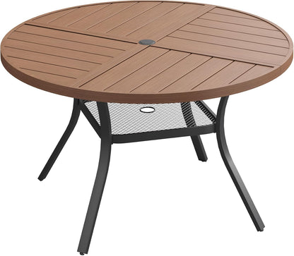 DIFY 40.6" Round Outdoor Patio Dining Table for 4, All-Weather Metal Steel Slatted Patio Table with 1.57" Adjustable Umbrella Hole, for Lawn Garden Porch Backyard, Walnut
