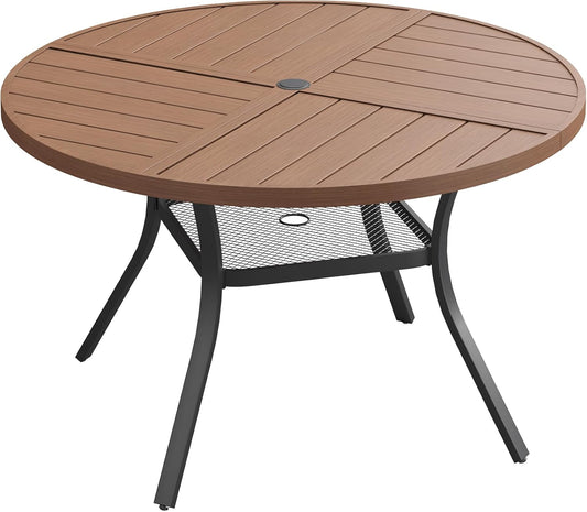 DIFY 40.6" Round Outdoor Patio Dining Table for 4, All-Weather Metal Steel Slatted Patio Table with 1.57" Adjustable Umbrella Hole, for Lawn Garden Porch Backyard, Walnut