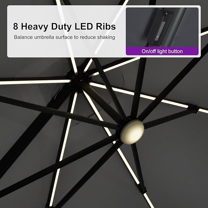 PURPLE LEAF 10 Feet Patio Umbrella Outdoor Cantilever Solar Powered LED Swivel Square Umbrella Aluminum Offset Umbrella with 360-degree Rotation for Garden Deck Pool Patio Light Grey