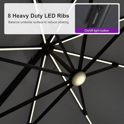 PURPLE LEAF 10 Feet Patio Umbrella Outdoor Cantilever Solar Powered LED Swivel Square Umbrella Aluminum Offset Umbrella with 360-degree Rotation for Garden Deck Pool Patio Light Grey