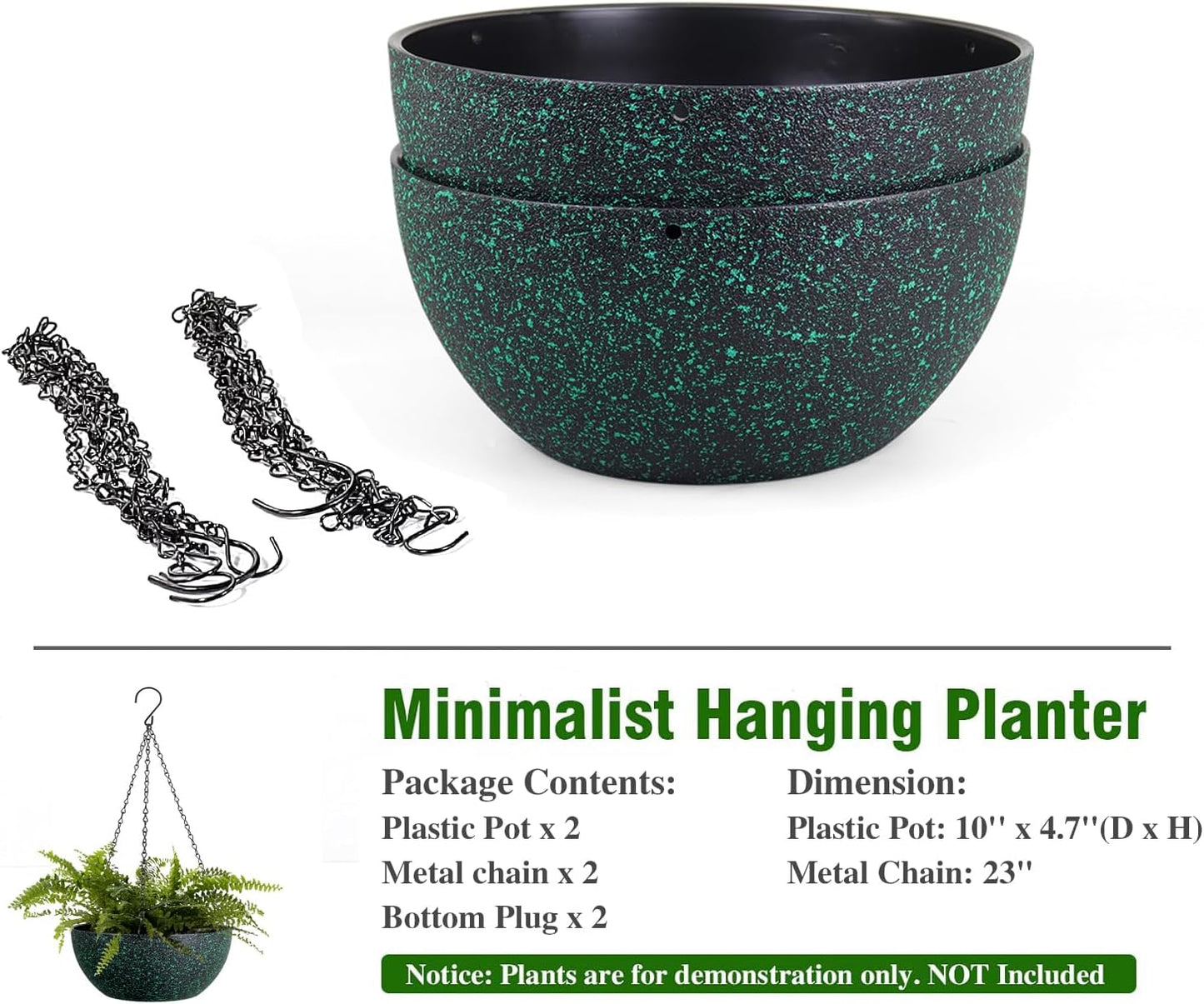 10inch Hanging Planters for Outdoor Indoor Plants with Drainage Holes and Chain, 2 Pack Round Hanging Flower Pots for Garden Home Porch Decor, Black with Green Speckles