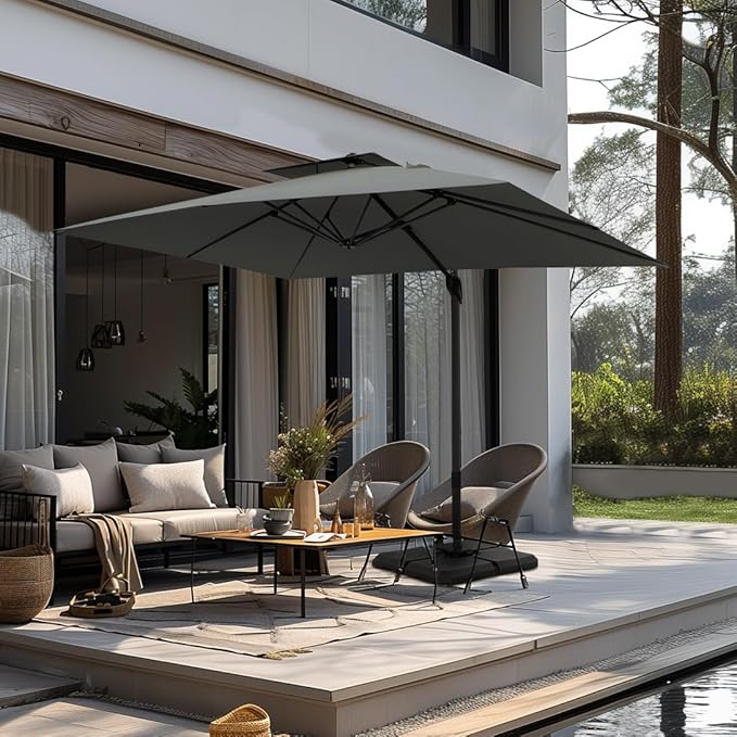 PHI VILLA Cantilever Patio Umbrella with Base, 9' X 12' Outdoor Large Rectangluar Umbrellas with 360°Rotation, Heavy Duty Hydraulic Double Umbrella Windproof for Outside, Deck, Garden, Porch, Grey