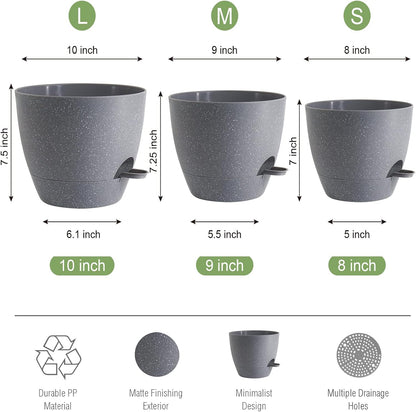10/9/8 inch Self Watering Pots, Set of 3 Plastic Planters with Mesh Drainage Holes and Deep Reservoir for Indoor Outdoor Garden Plants and Flowers, Grey Speckles