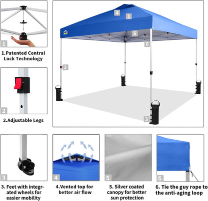 CROWN SHADES 10x10 Pop Up Canopy - Beach Tent with One Push Setup - Easy Outdoor Sun Shade for Events, Parties, Camping - Gazebo with STO-N-Go Cover Bag, Silver Coated Top, Blue