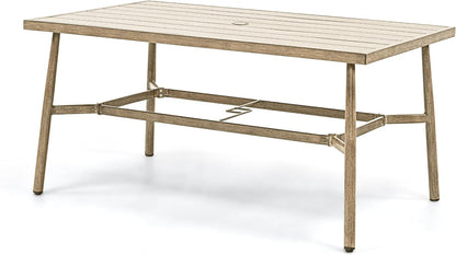 HAPPATIO Patio Table for 6, Large Modern Rectangle Outdoor Dining Table with Umbrella Hole and Adjustable Feet, All Weather Aluminum Patio Table for Garden, Backyard and Poolside, Brown