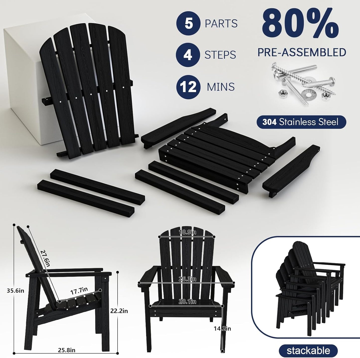 Stackable Adirondack Chair Set of 2, HDPE Outdoor Patio Chair - Durable and Space Saving, Suitable for Porches, Lawns or Garden, Black