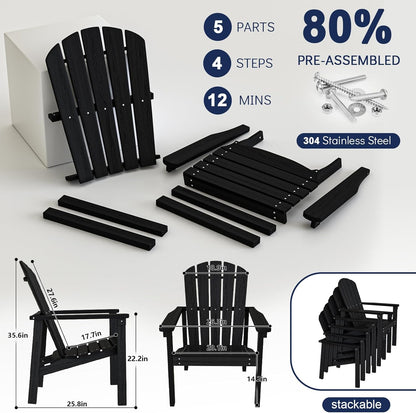 Stackable Adirondack Chair Set of 4, HDPE Outdoor Patio Chair - Durable and Space Saving, Suitable for Porches, Lawns or Garden, Black