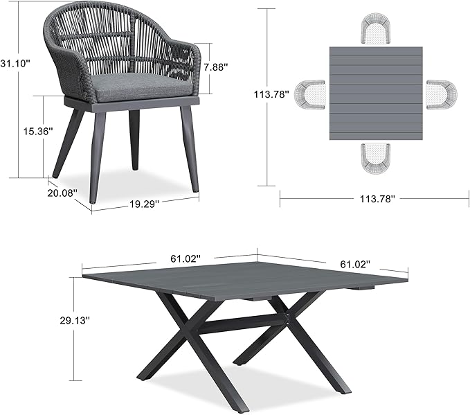 PURPLE LEAF 5 Pieces Oversized Square Patio Dining Set with Outdoor Aluminium Dining Table and Woven Chairs Modern Metal Furniture Cushions Sets for Garden Yard Indoor Decor Kitchen Gray