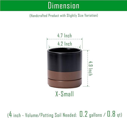 D'vine Dev Set of 2 Plants Pots, 4.7 Inch Ceramic Planter Pot for Plants with Drainage Hole and Saucer, Black/Speckled Tan, 94-V-B-7