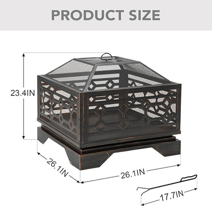 Outdoor Fire Pit, 26 Inch Wood Burning Firepit for Outside with Mesh Cover & Fire Poker, Large Square Metal Fireplace for Patio, Backyard, Garden, Bonfire Party