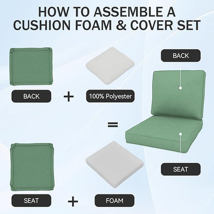 Outdoor Chair Cushions 23" x 24" x 4", Patio Deep Seat Replacement Cushions Set with Zippered Removable Cover, Weather-Resistant Olefin Fabric for Garden Chair Sofa Couch, Set of 2, Green