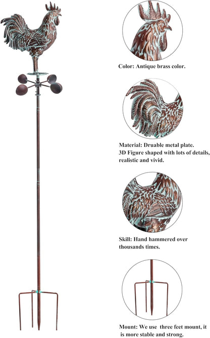 Metal Garden Rooster Yard Decor,79" Copper Wind Sculptures & Spinners,Large Outdoor Chicken Decor,Metal Kinetic Outdoor Chicken Wind Spinner for Yard and Garden,Yard Art for Patio,Lawn,Farm