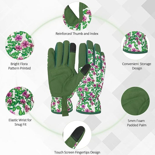 Gardening Gloves for Women, Garden Gloves with Touch Screen, Thorn Proof Puncture Resistant Working Gloves, Gardening Gifts for Women (Green with purple flowers, Medium)