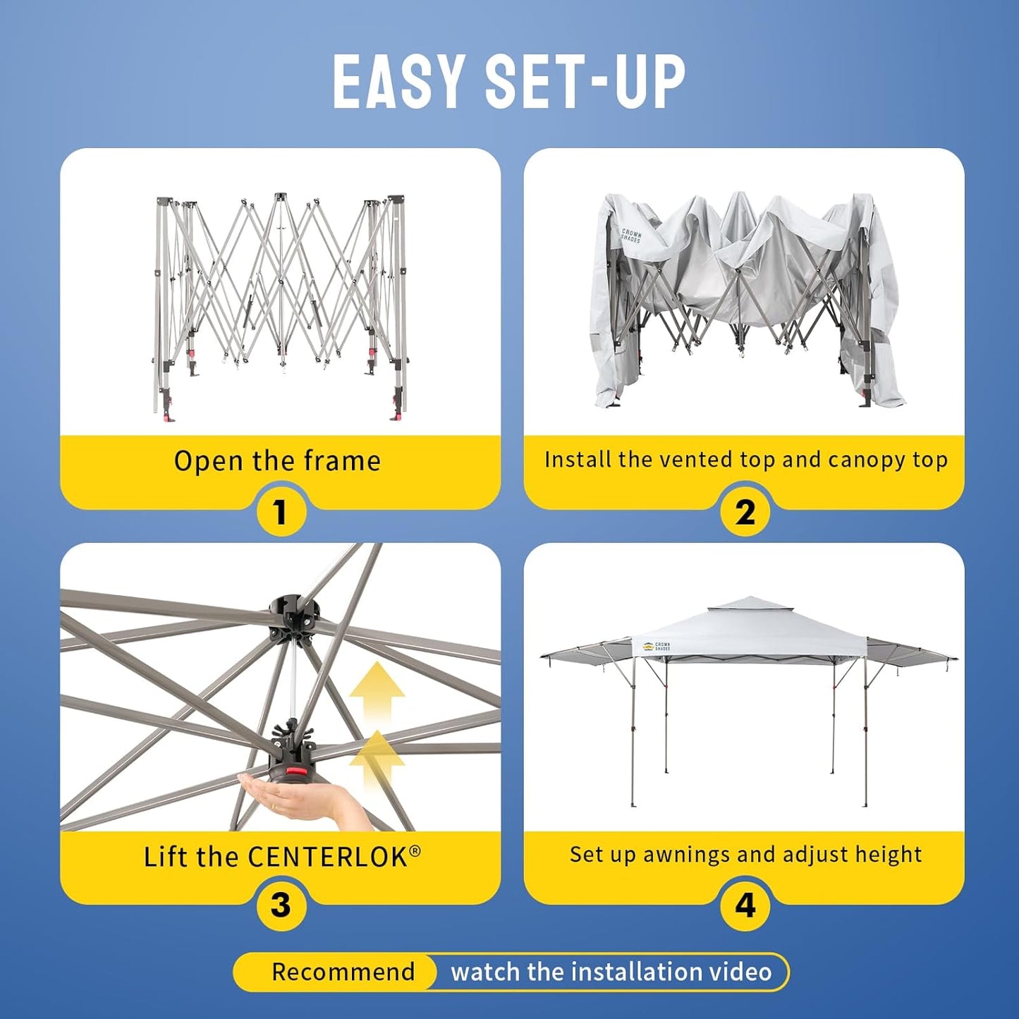 CROWN SHADES 10x10 Pop up Canopy Tent Patended Centerlock Instant Commercial Canopy with 150D Silver Coated Fabric Including 2 Extend Awnings, 4 Ropes, 8 Stakes, 4 Weight Bags, STO 'N Go Bag, White