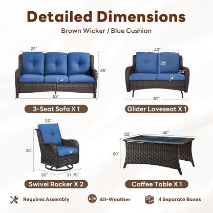 5 Piece Outdoor Patio Furniture Set - Outdoor Conversation Couch and Loveseat Glider Chair Furniture Set with Rattan Coffee Table for Deck Balcony Poolside Brown Wicker/Blue Cushions