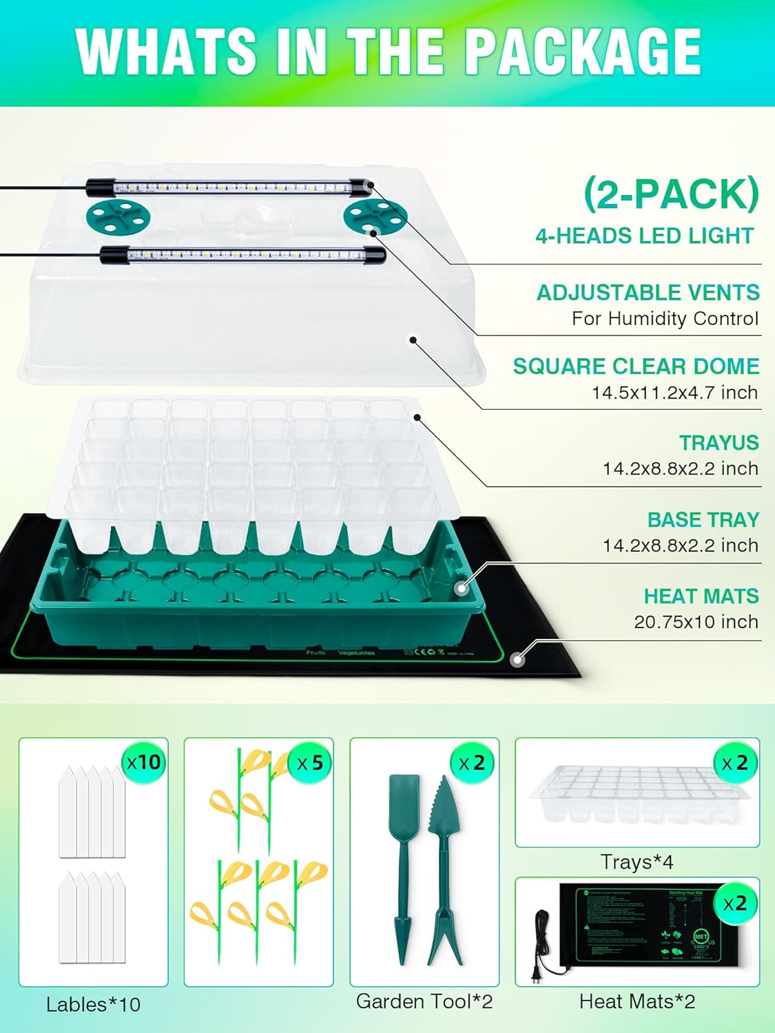 Seed Starter Tray with Grow Lights and Heat Mat, 3-in-1 Soil Meter, 80-Cell Seed Growing Tray, Germination & Plant Propagation Station for Indoor Plants 2-Pack