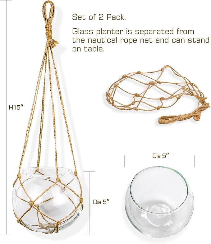 SAILINGSTORY Hanging Glass Plant Terrarium 5" Glass Planter Propagation Stations Flower Vase Clear Set of 2 Pack