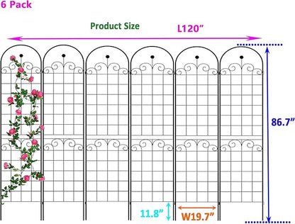 6 Pack Metal Garden Trellis 86.7" H Garden Fence Rustproof Trellis for Climbing Plants Support Roses Flower Outdoor Lawn Black