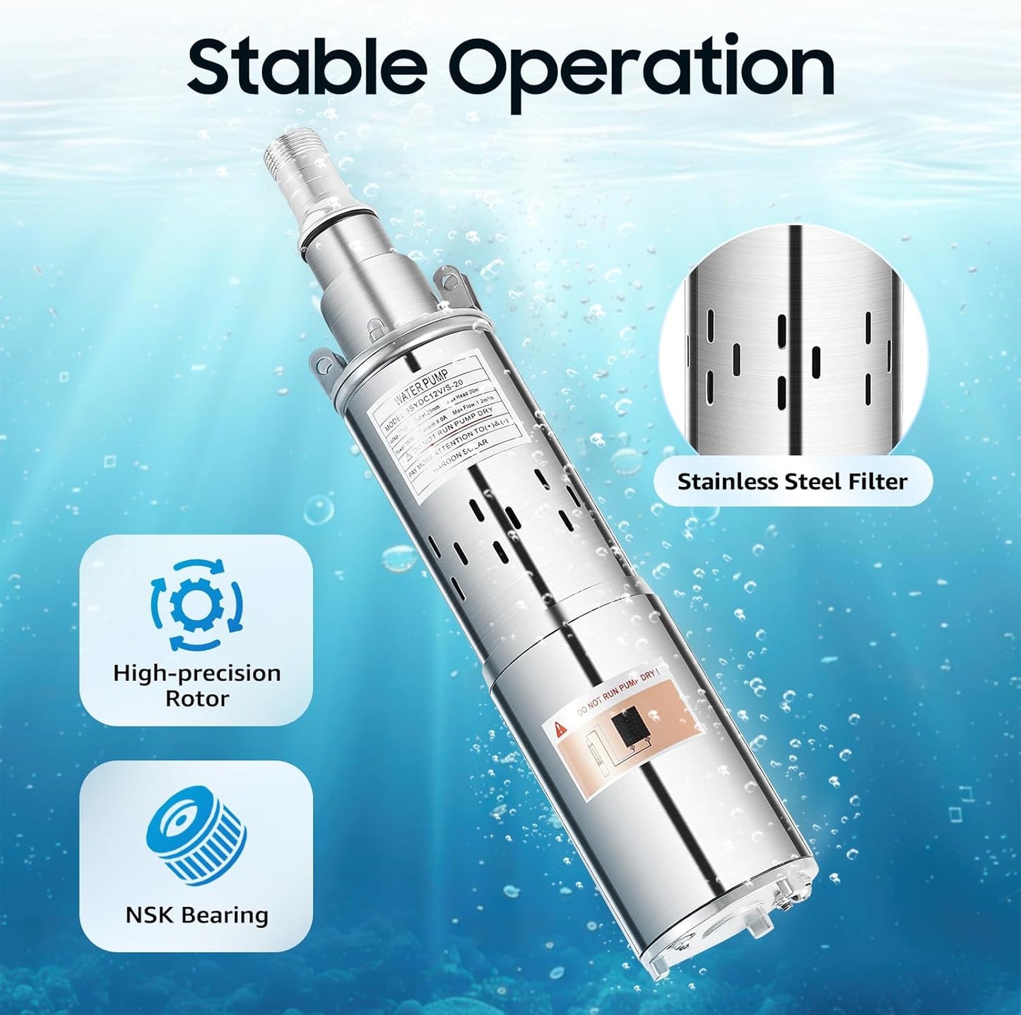 Deep Well Submersible Pump, DC 12V 180W Electric Solar Powered Water Pump 1.2m3/h Max Head 65.62ft Stainless Steel High Pressure Water Well Pump for Well, Tank Filling Farm (12V 180W)