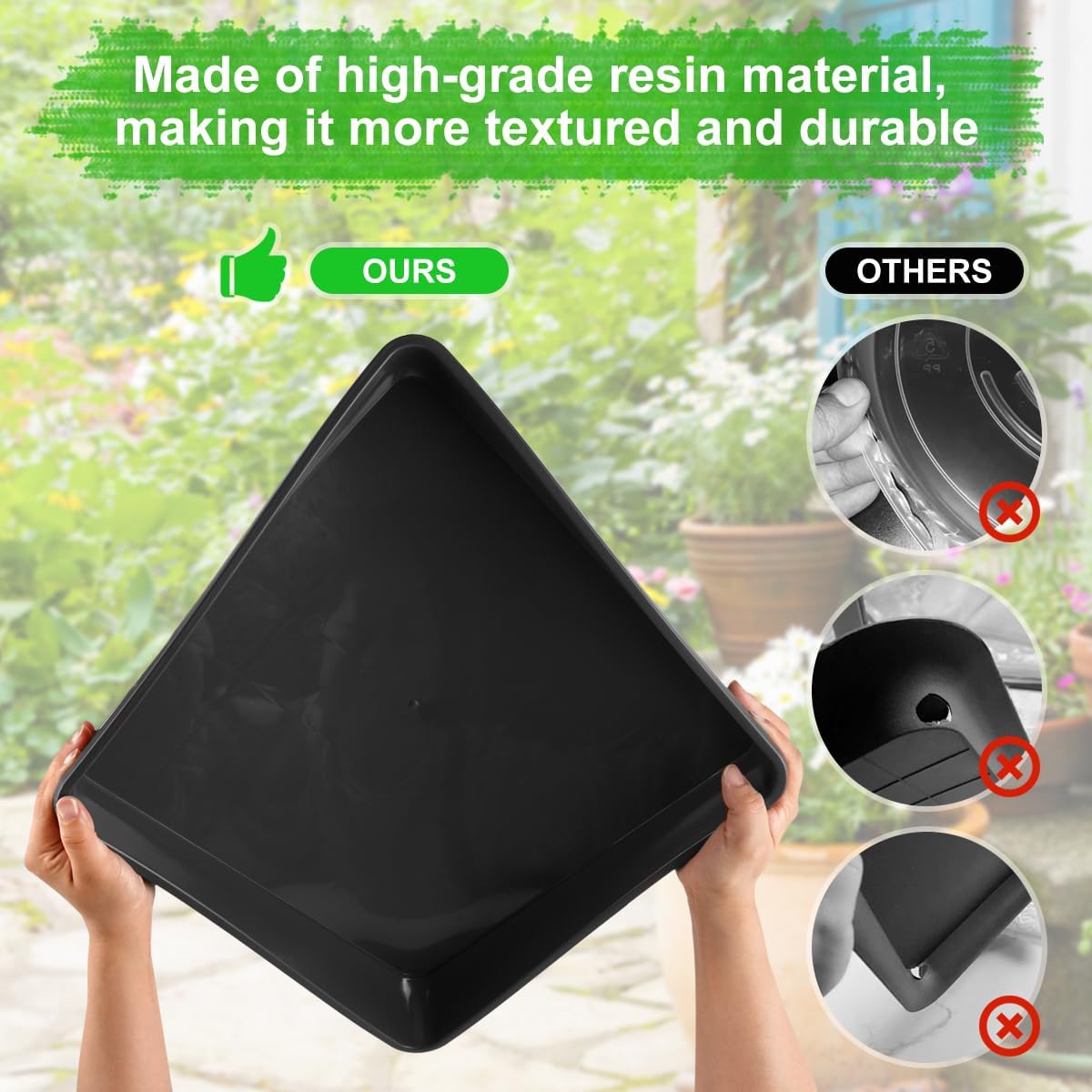 WAYNHUI Squared Plant Saucer 23inch 2pack Square Plastic Basin Tray Large/Small Water Receiving Tray(Black 23inch 2pack)
