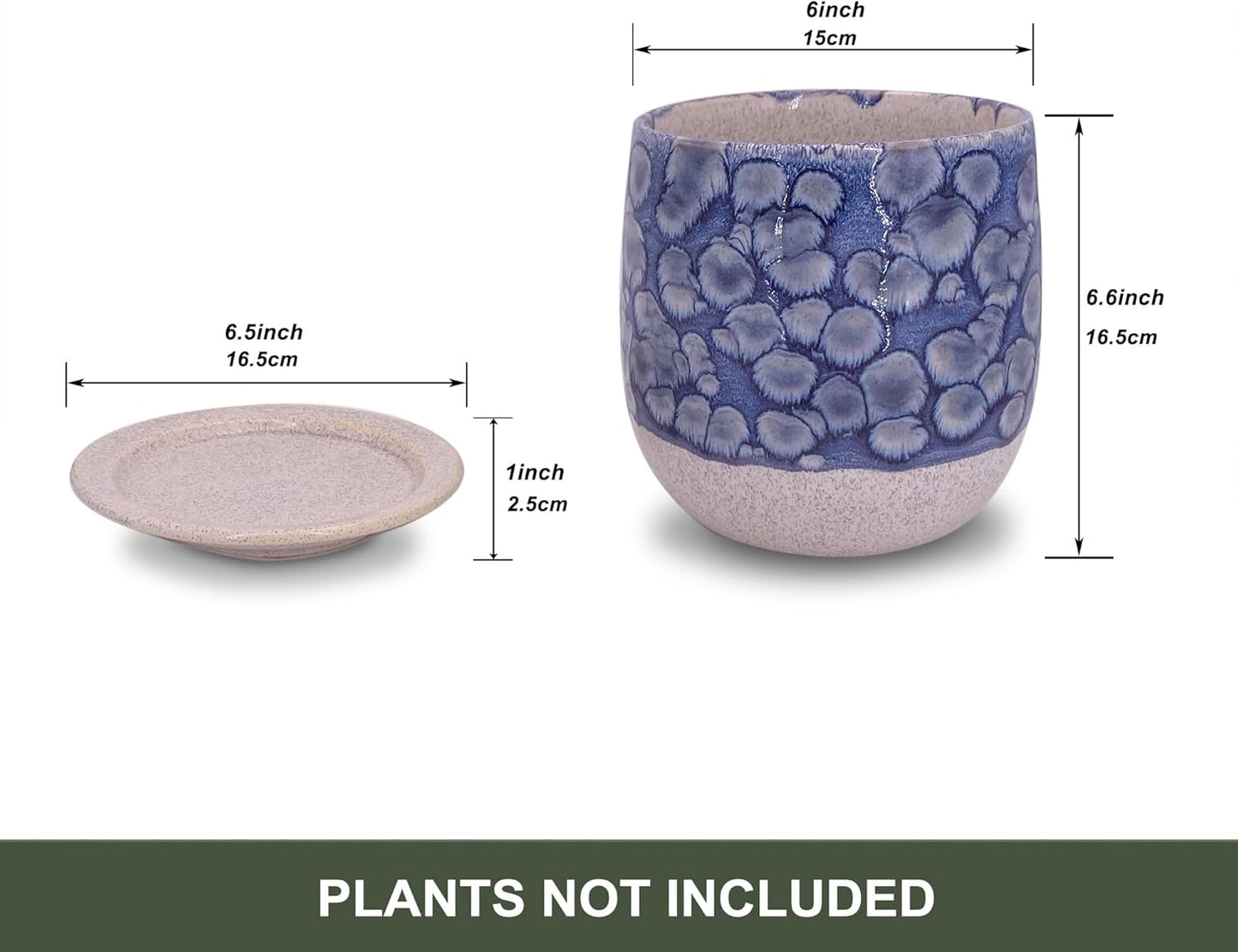 6 in Ceramic Plant Pot with Saucer，Indoor Plant Pot for Plants, Flower Pot with Drainage，Reactive Glaze Blue