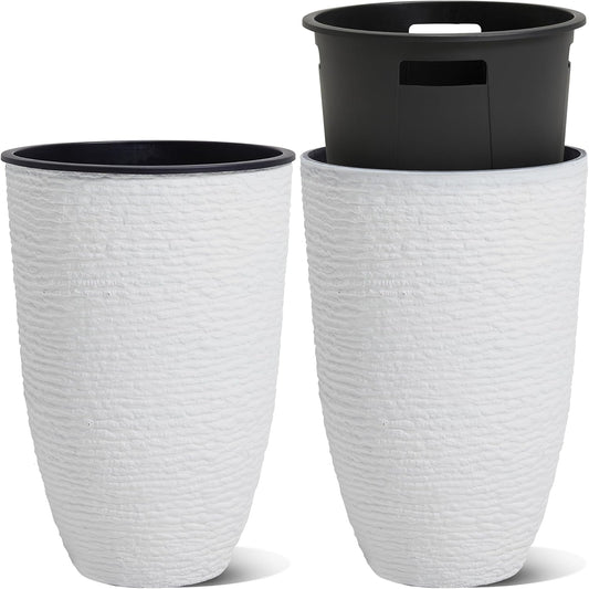 WORTH Garden 2-Pack 21" H. White Tall Planters with Inside Pots - 14'' Dia Plastic Large Round Plant Tree Pots - Decorative Imitation Stone Finish for Indoor Outdoor Front Porch Container Patio