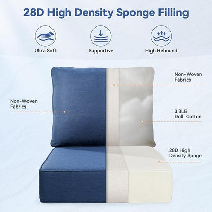Luxury 6" Outdoor Cushions for Patio Furniture, 24x24x6" Thick Seat Cushion Set of 7, Fade Resistant Couch Chair Replacement Cushions High Density Deep Wicker Chair Cushion w/ Removable Cover, Blue