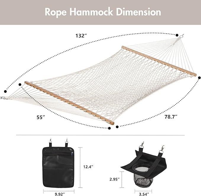 ANOW Rope Hammock Double Hammock with Hardwood Spreader Bar and Carrying Bag, 450 LBS Weight Capacity for Two Person, Natural