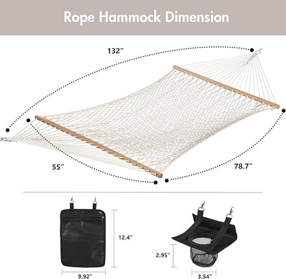 ANOW Rope Hammock Double Hammock with Hardwood Spreader Bar and Carrying Bag, 450 LBS Weight Capacity for Two Person, Natural