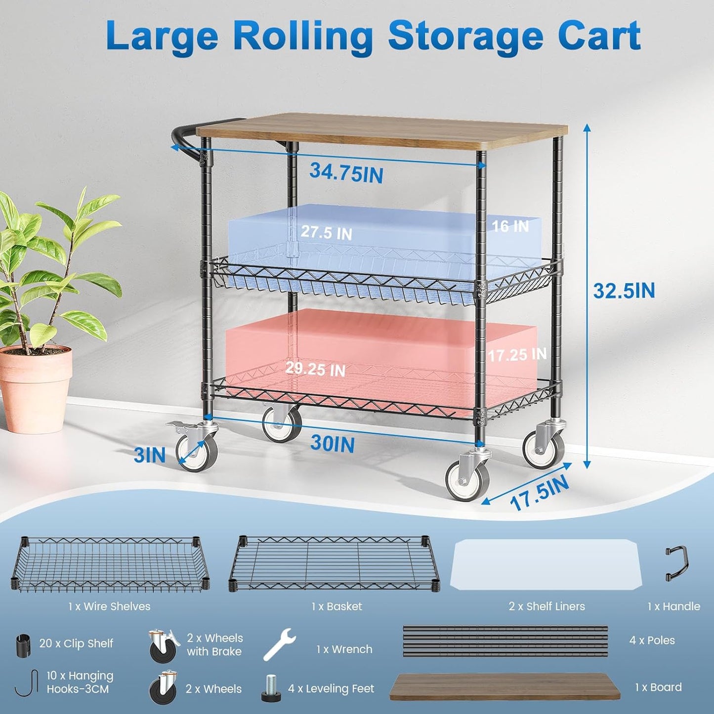 Leteuke Rolling Kitchen Carts with Wheels, 34" L x 17.5" W, 3-Tier Heavy Duty Utility Cart with Wood Tabletop, NSF Commercial Metal Serving Cart with Handle and Shelf Liner for Kitchen, Black