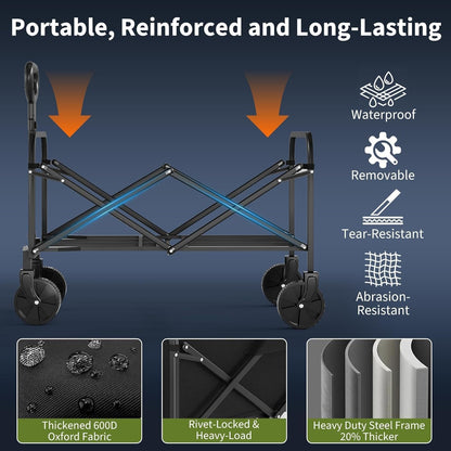 Foldable Wagon Cart, 380LBS Capacity Collapsible Wagon with All-Terrain Wheels, 220L Foldable Utility Cart & Grocery Cart on Wheels, Portable Lightweight 12LBS for Outdoor, Beach, Garden (Black)