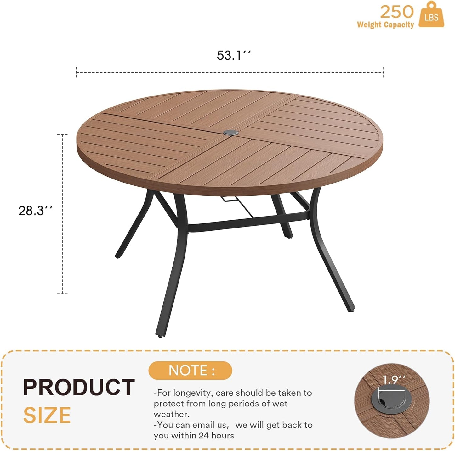 VICLLAX Round Patio Table with Adjustable Umbrella Hole for 8, All Weather Metal Outdoor Dining Table for Lawn Garden, 53.1" Outdoor Coffee Table, Walnut Wood-Like Tabletop