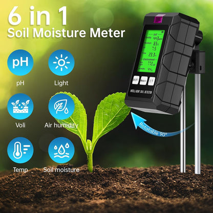 6-in-1 Soil Moisture Meter, Soil Test Kit with Soil Moisture/pH Meter/Temperature/Sunlight/Air Humidity/Soil Fertility, Soil Tester for Farming, Gardening and Outdoor Plants (2*AAA Battery Needed)