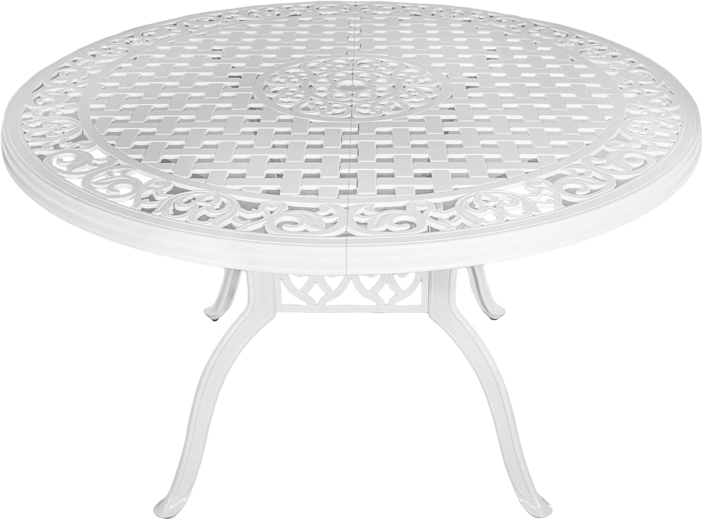 48 Inch Outdoor Dining Table Round Patio Bistro Table Powder-Coated Cast Aluminum Frame Patio Dining Table Garden Table with Umbrella Hole (White)