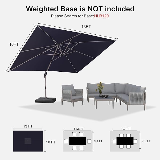 PURPLE LEAF 10' X 13' Patio Umbrella, Rectangle Outdoor Cantilever Umbrella, Aluminum Offset Umbrella with Champagne Frame and 360° Rotation for Pool Deck Garden, Navy Blue
