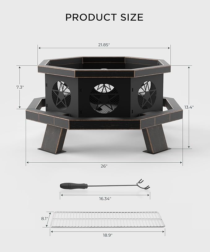 26 inch Fire Pit, Firepits for Outside Wood Burning Fire Pits with Cooking Grill, Outdoor Fire Pit Octagonal Heavy Duty Firepit with Poker for Bonfire, Backyard, Patio, Bronze