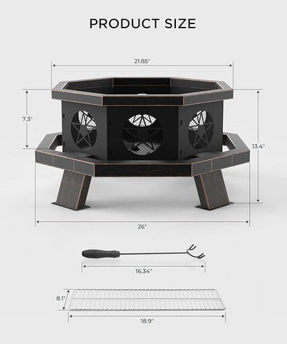 26 inch Fire Pit, Firepits for Outside Wood Burning Fire Pits with Cooking Grill, Outdoor Fire Pit Octagonal Heavy Duty Firepit with Poker for Bonfire, Backyard, Patio, Bronze