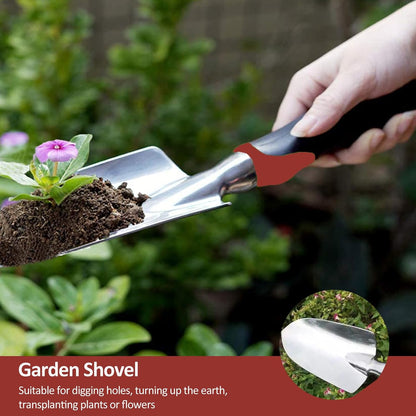 Garden Tool Set, 3 Piece Gardening Tools Includes Garden Trowel, Transplant Trowel and Hand Rake with Non-Slip Ergonomic Handle, Heavy Duty Garden Kit for Planting, Garden Gifts Red