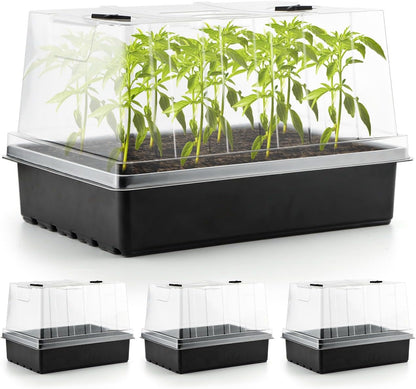 4-Pack Seed Starter Trays with 5'' Tall Humidity Domes – Reusable Plant Germination Kit for Microgreens, Herbs & Indoor Gardening | Clear Vented Lids, Fast Seedling Growth & Durable Design